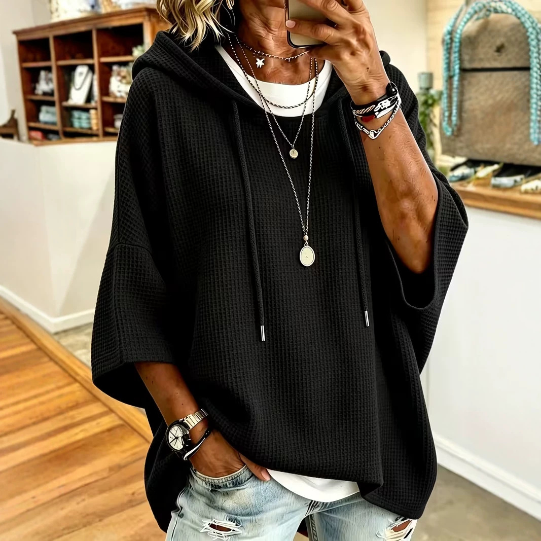 Women's Solid Waffle Print Casual Hoodie