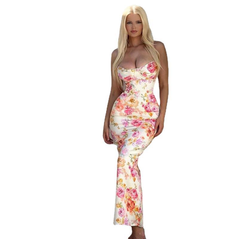 Floral Print Strapless Bodycon Backless Cami Dress