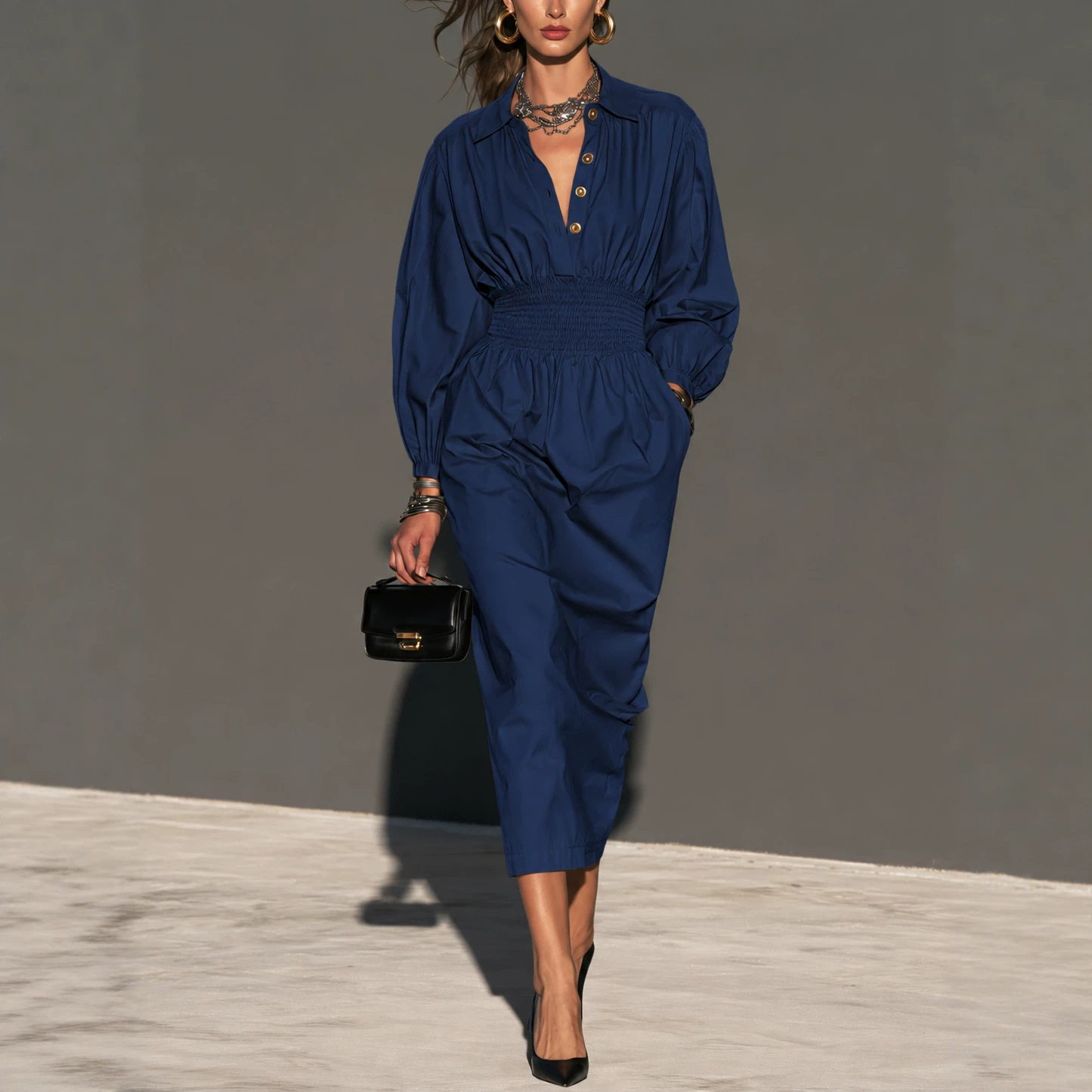 Collared Button Waist-Cinched A-Line Midi Dress