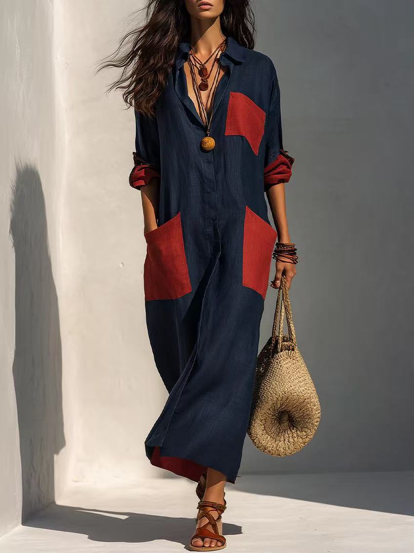 Color-Block Patch Pocket Shirt Dress Retro Loose Collared Vacation Dress