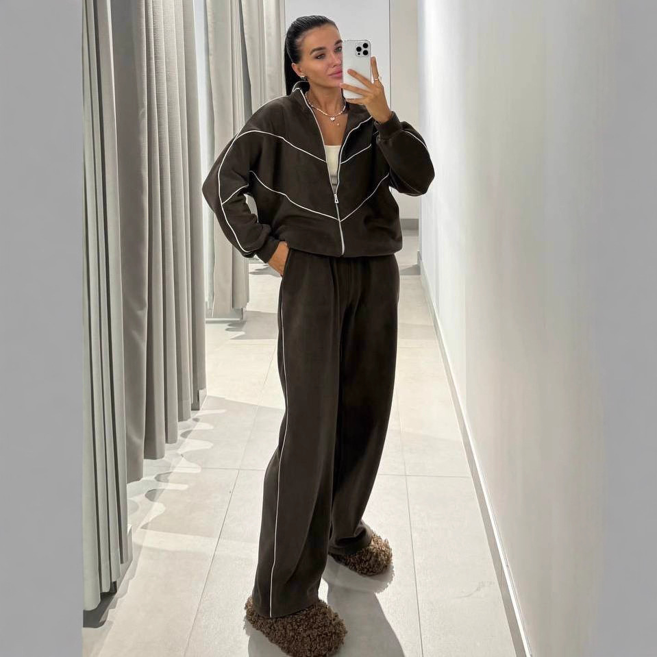 Women's Casual Two-Piece Set Long Sleeve Half-Turtleneck Cardigan Sweatshirt and Striped Pants