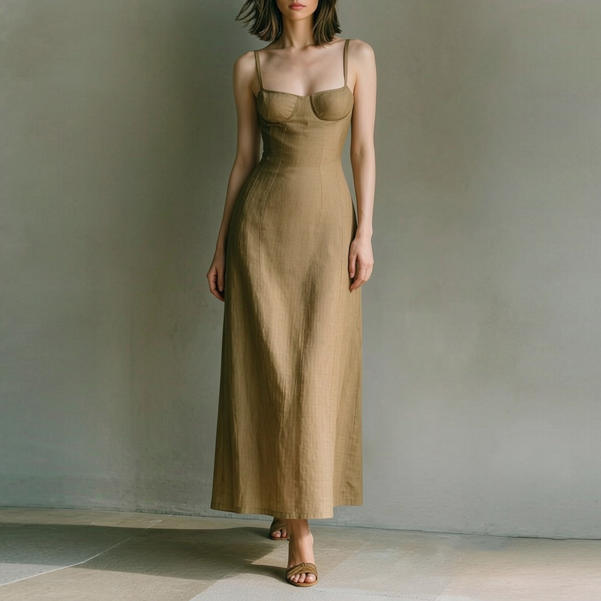 Women's French Waist-Cinched Sleeveless Midi Dress Solid Color