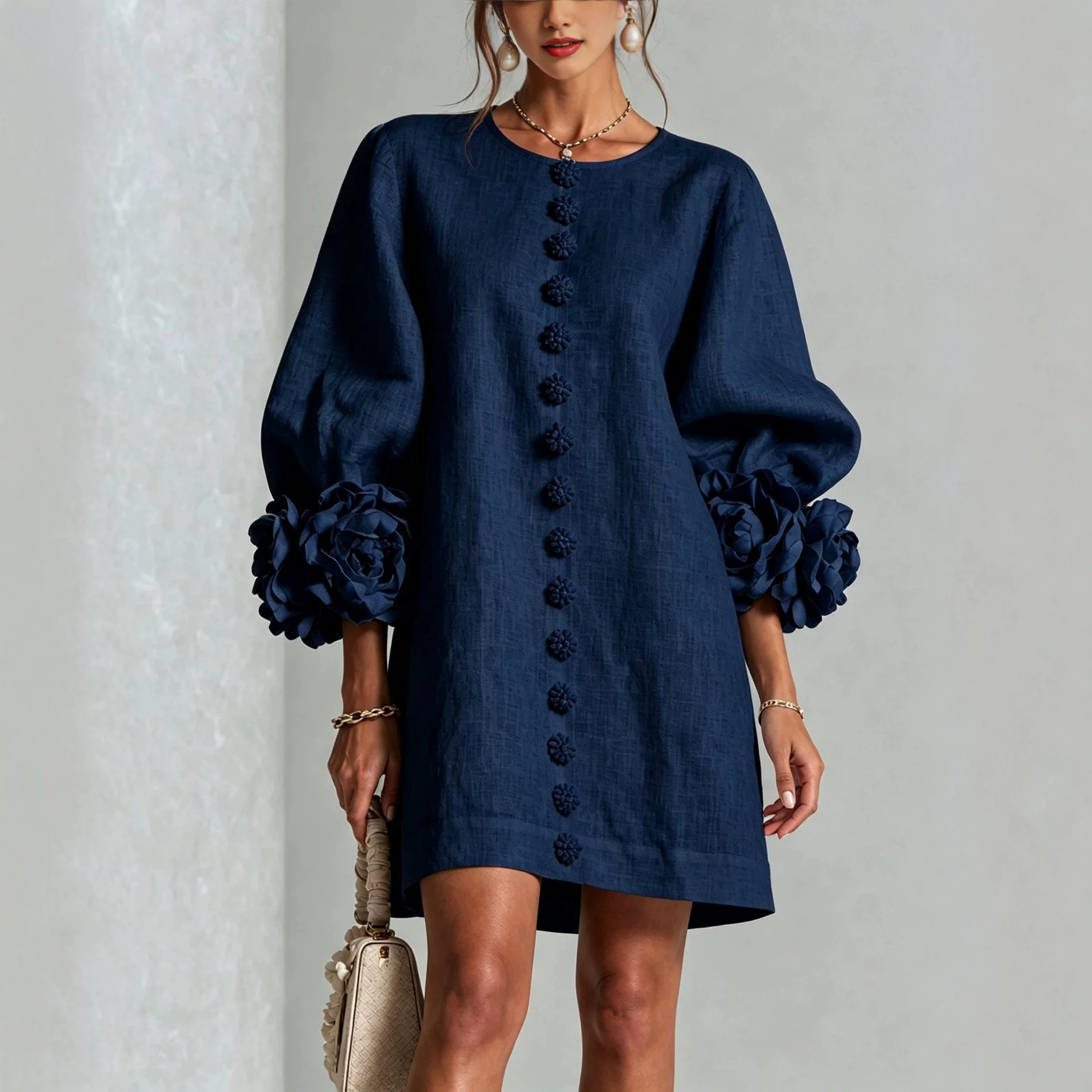 French 3D Floral Lantern Sleeve Cotton-Linen Dress Round Neck Button Front Loose Fit