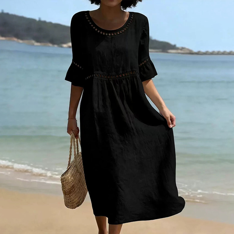 Women's Casual Elegant Solid Crewneck Half-Sleeve Midi Dress