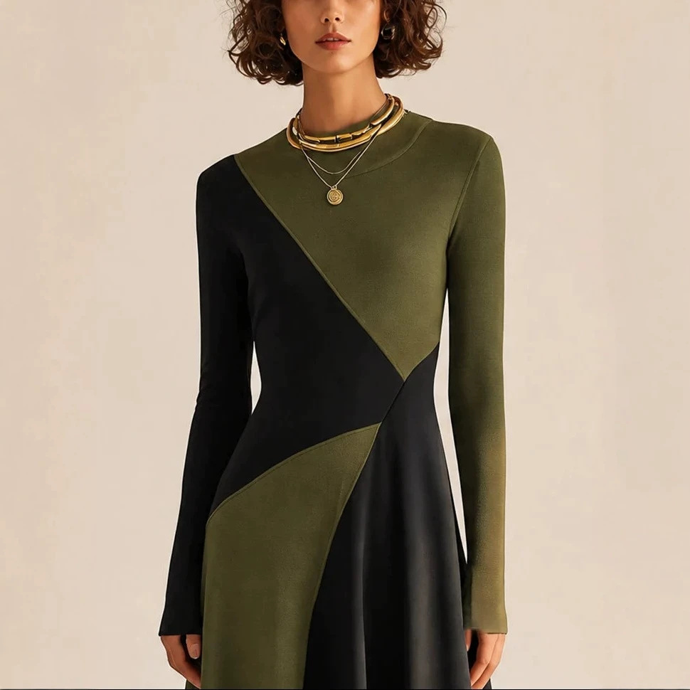 Black and Green Colorblock Long Sleeve Stand Collar Waist-Cinched Maxi Dress