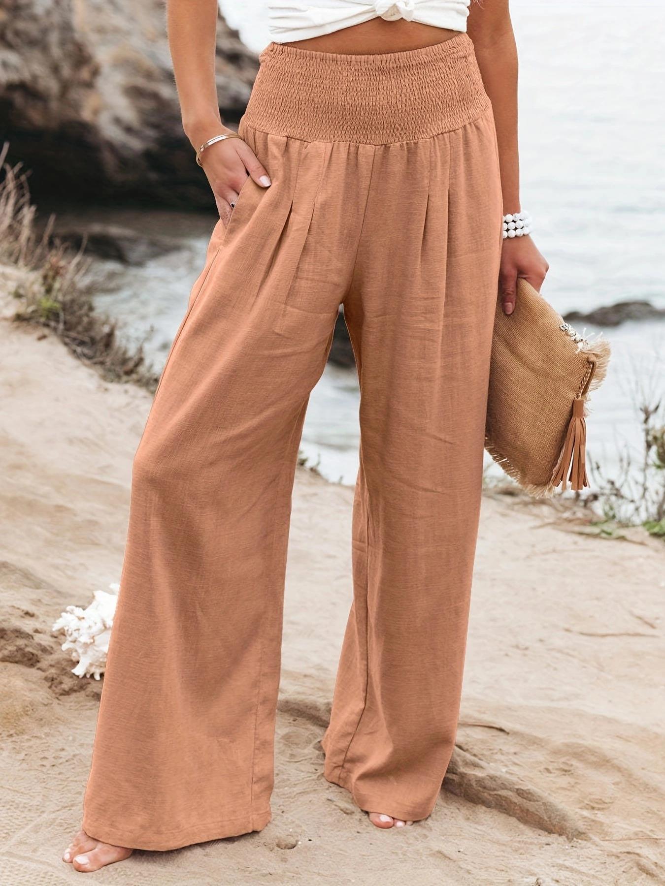 Women's Casual Cotton Distressed Mid-Rise Wide-Leg Pants