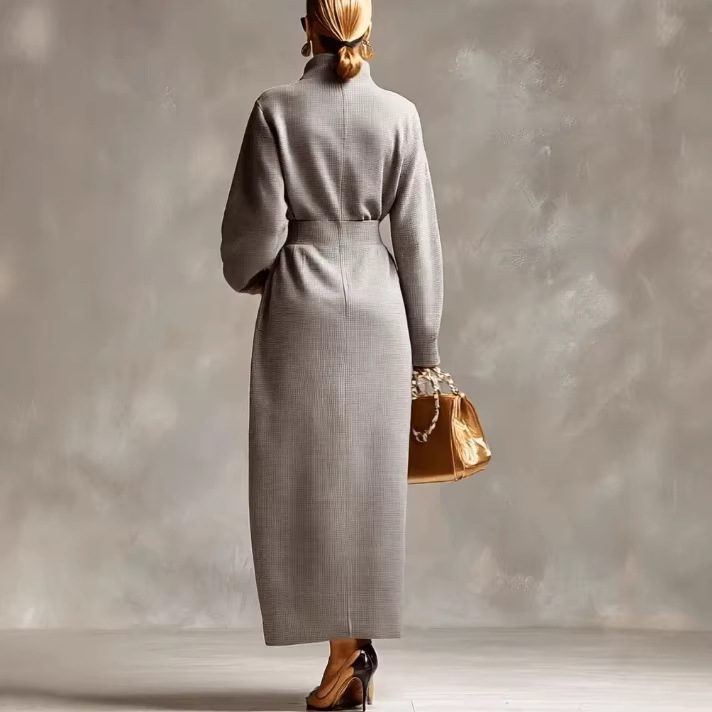 Light Gray Waffle Knit Long Sleeve Front Zip Collared Maxi Dress