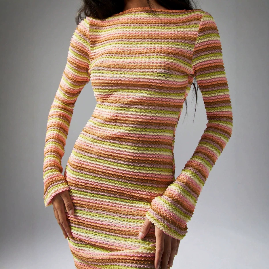 Striped Crochet Long Sleeve Backless Bodycon Dress