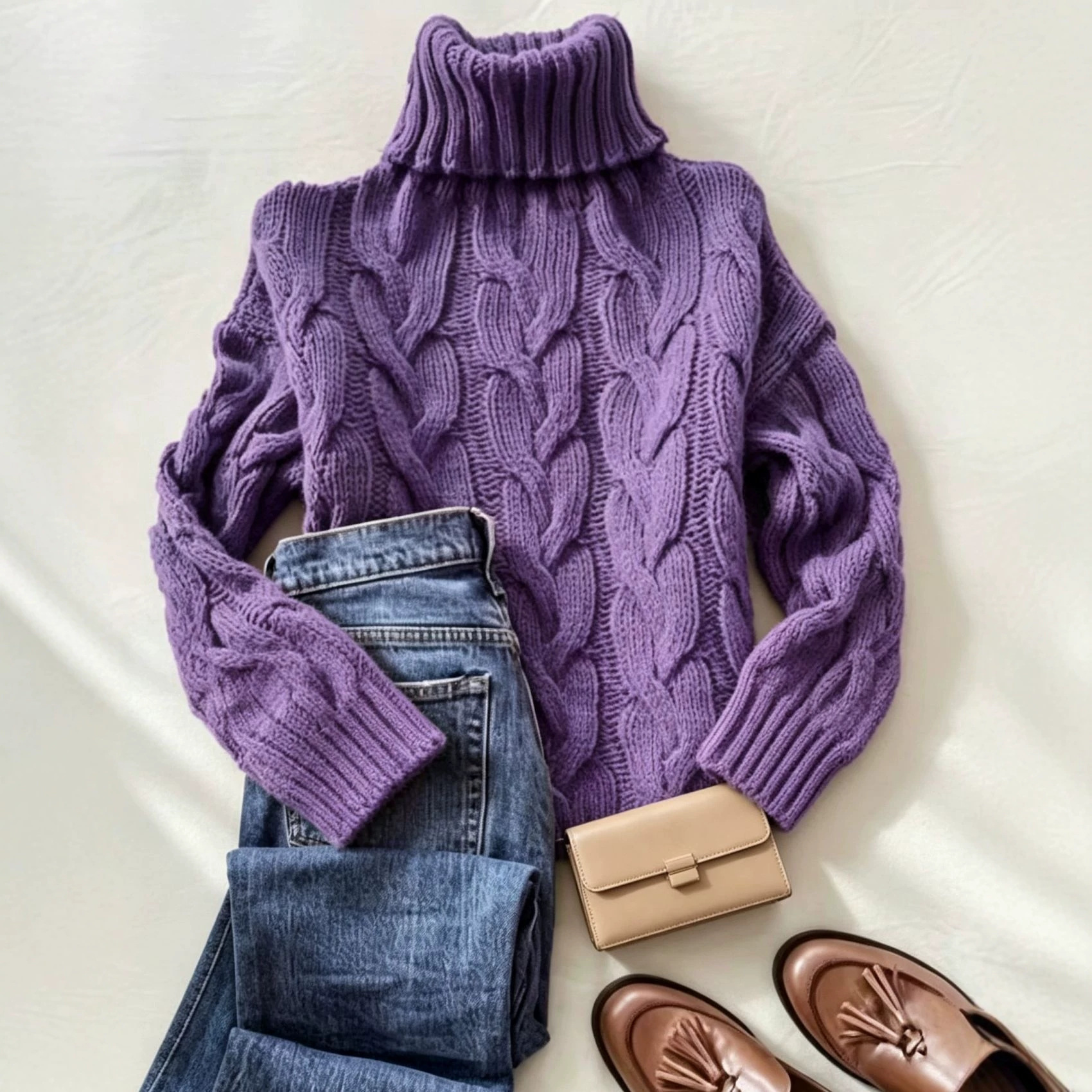 Cable-Knit Turtleneck Long-Sleeve Pullover Sweater