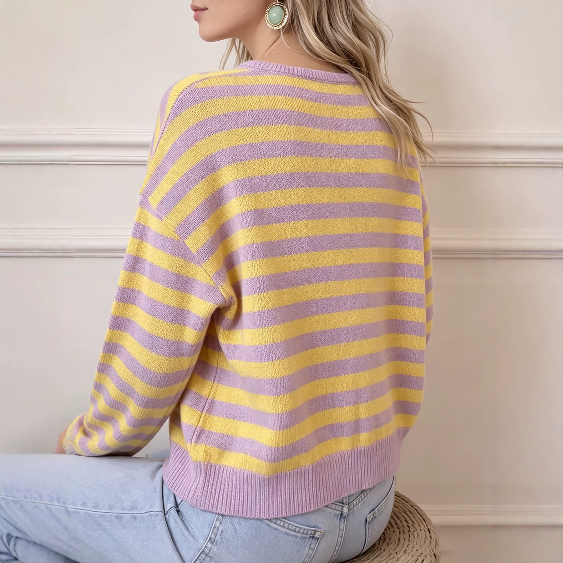 Striped Color-Block Knit Cardigan with Zip and Buttons