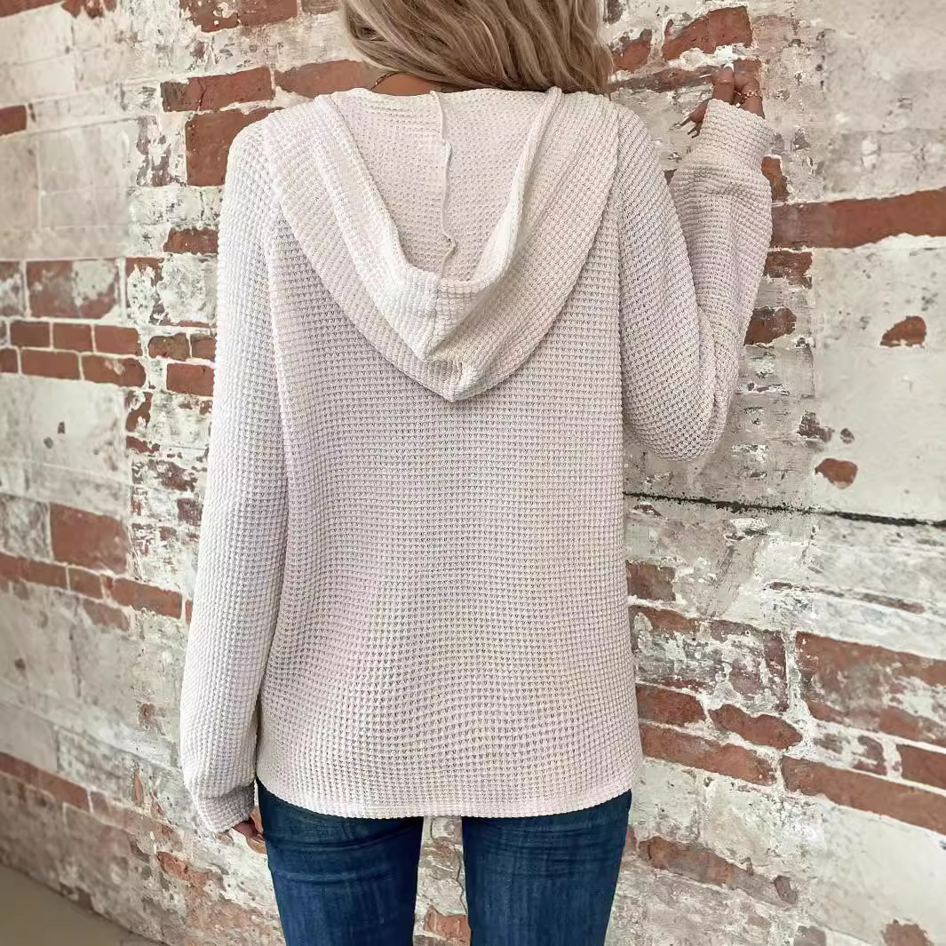 Solid Color Hooded Button Loose Fit Long Sleeve Sweatshirt for Women