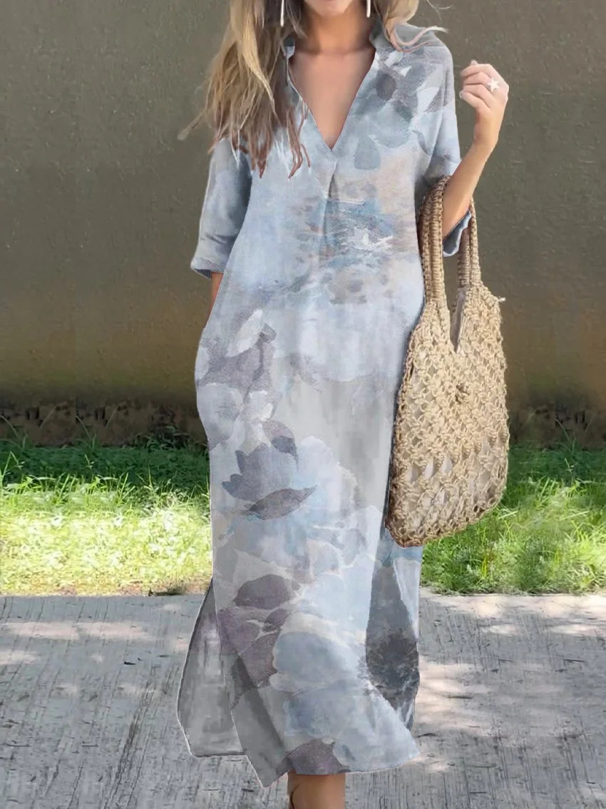Women's Casual V-Neck Slit Printed Linen-Look Midi Dress