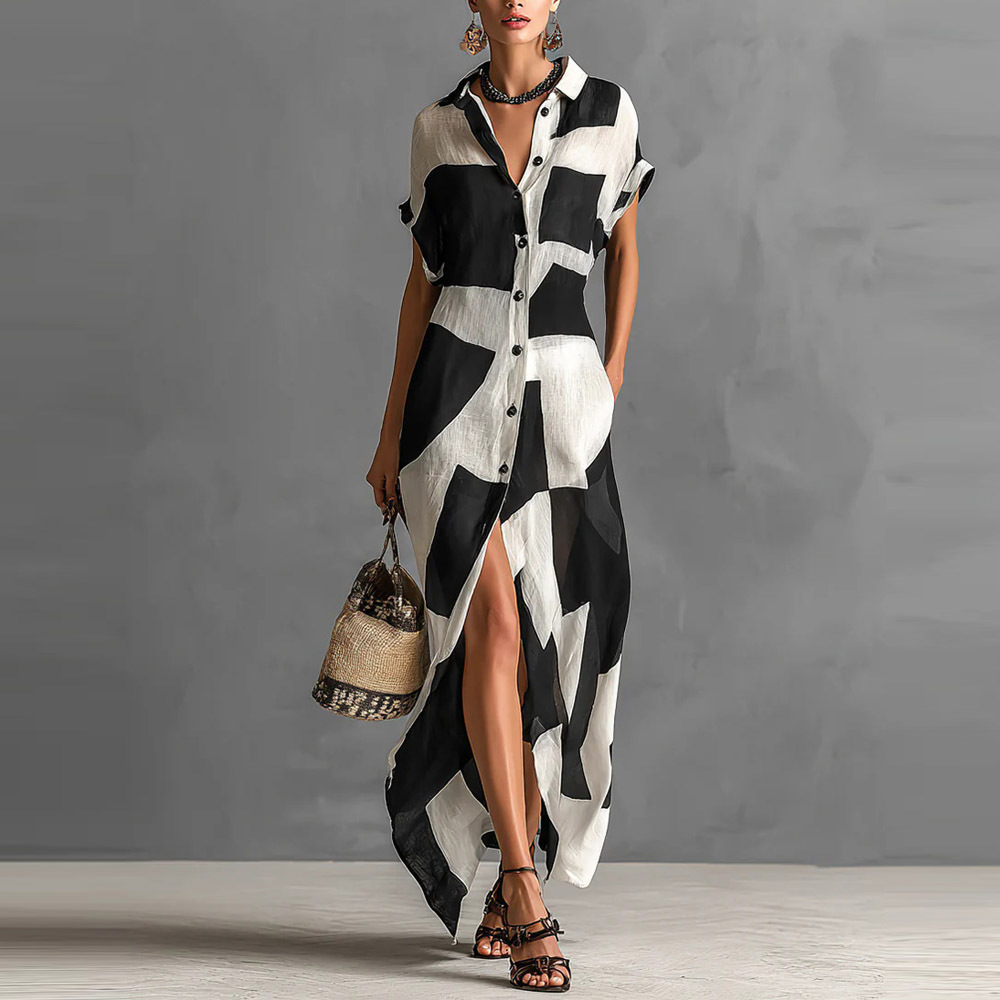 Geometric Print Shirt Dress Short Sleeve Long Casual Vacation Dress