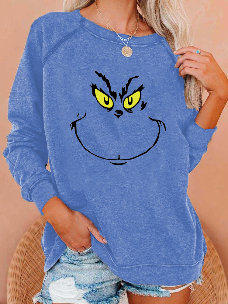 Women's Christmas Grinch Smiley Face Crewneck Sweatshirt