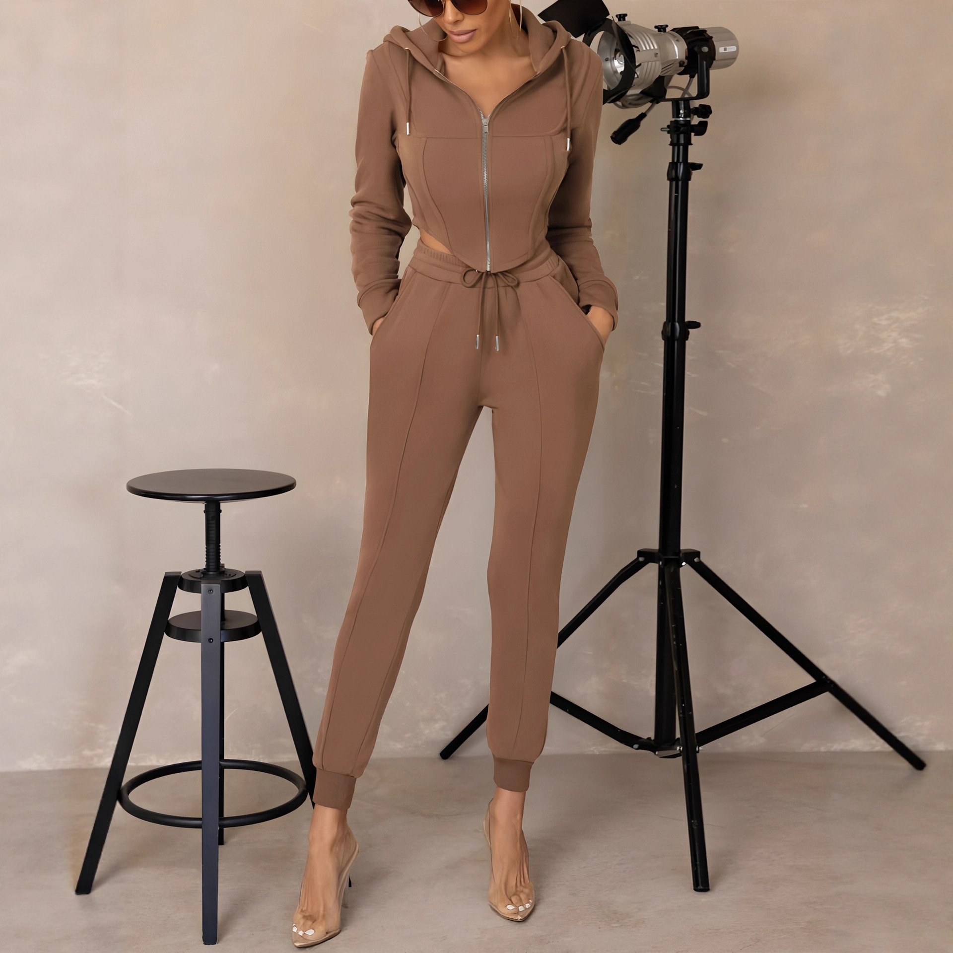 Women's Hooded Cropped Zip-Up Sweatshirt & Jogger Set Casual Tapered Fit