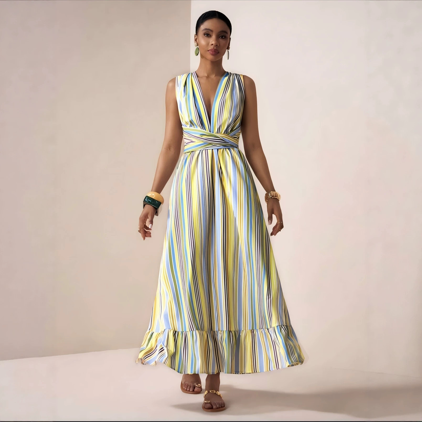 Striped Sleeveless V-Neck A-Line Midi Dress