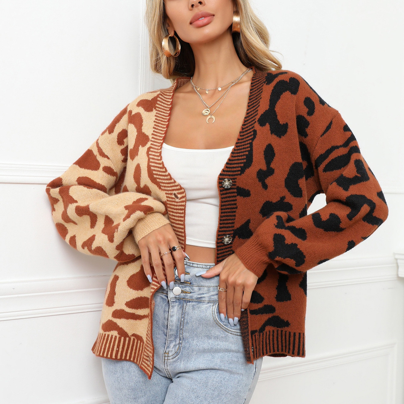Leopard Print Button-Front Knit Cardigan Sweater