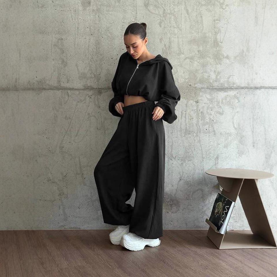 Women's Solid Color Zip-Up Hoodie and Drawstring Jogger Two-Piece Set