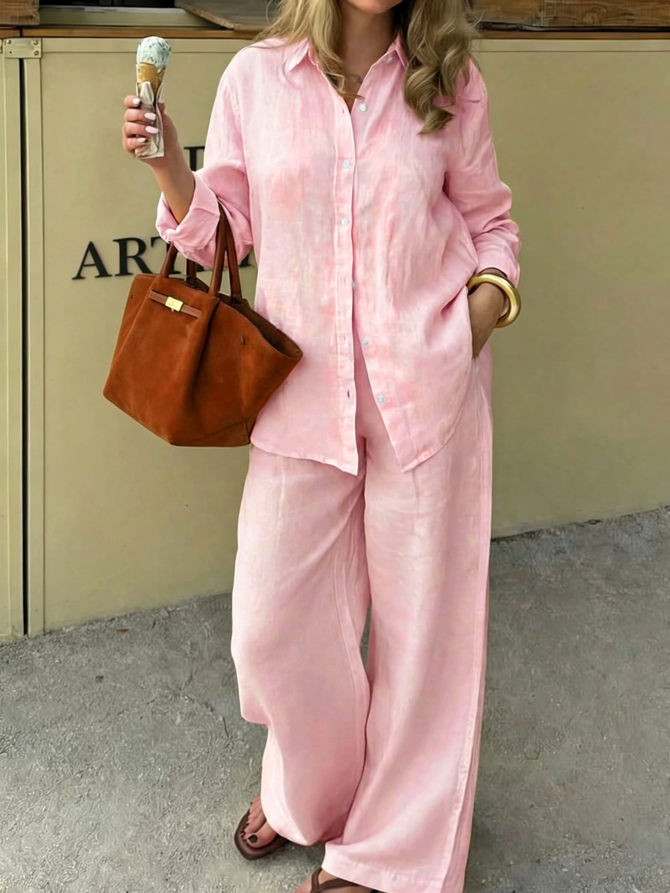 Minimalist Two-Piece Collared Long-Sleeve Shirt & Wide-Leg Pants Casual Commuter Set