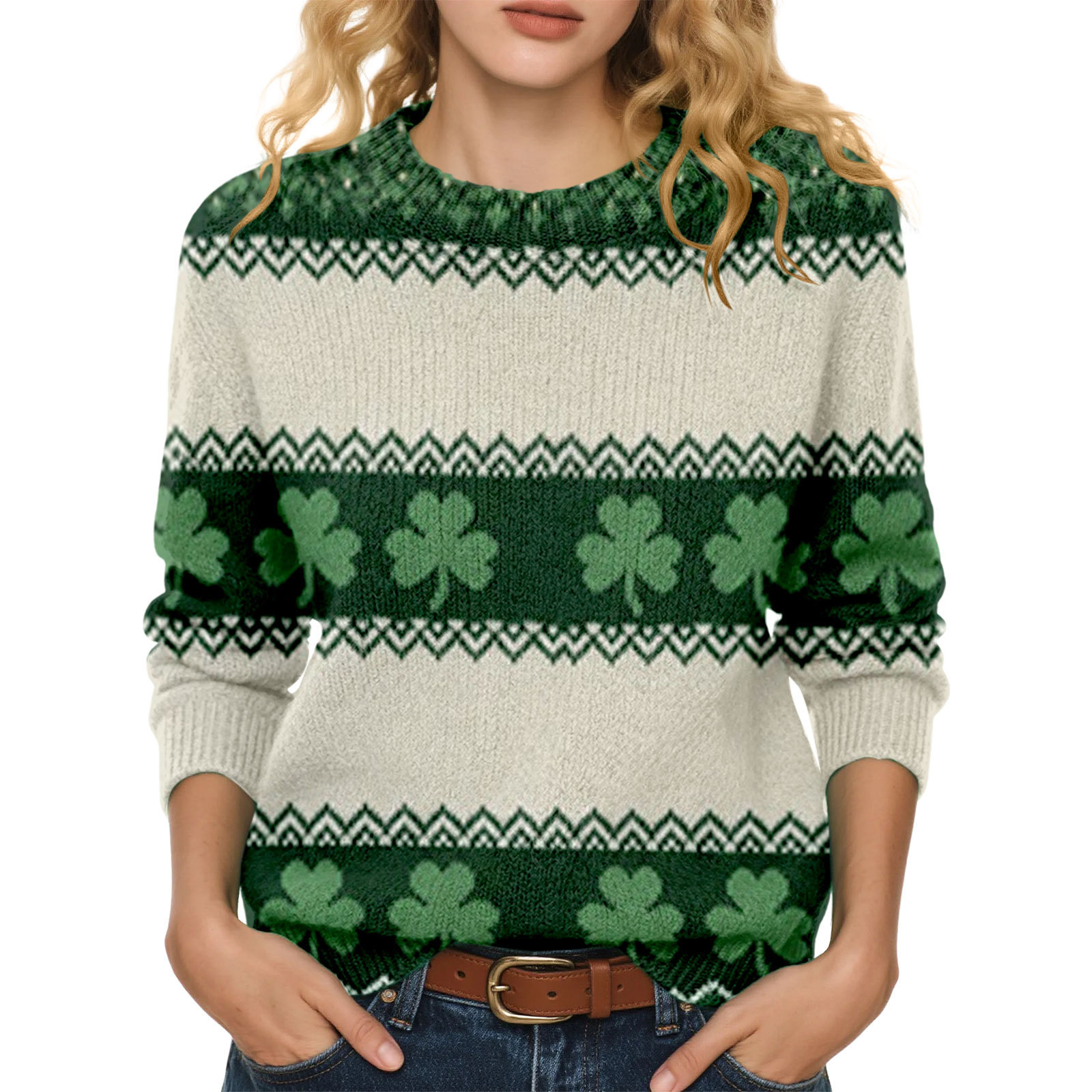 Lucky Clover Print Crewneck Sweatshirt for Women Casual Pullover