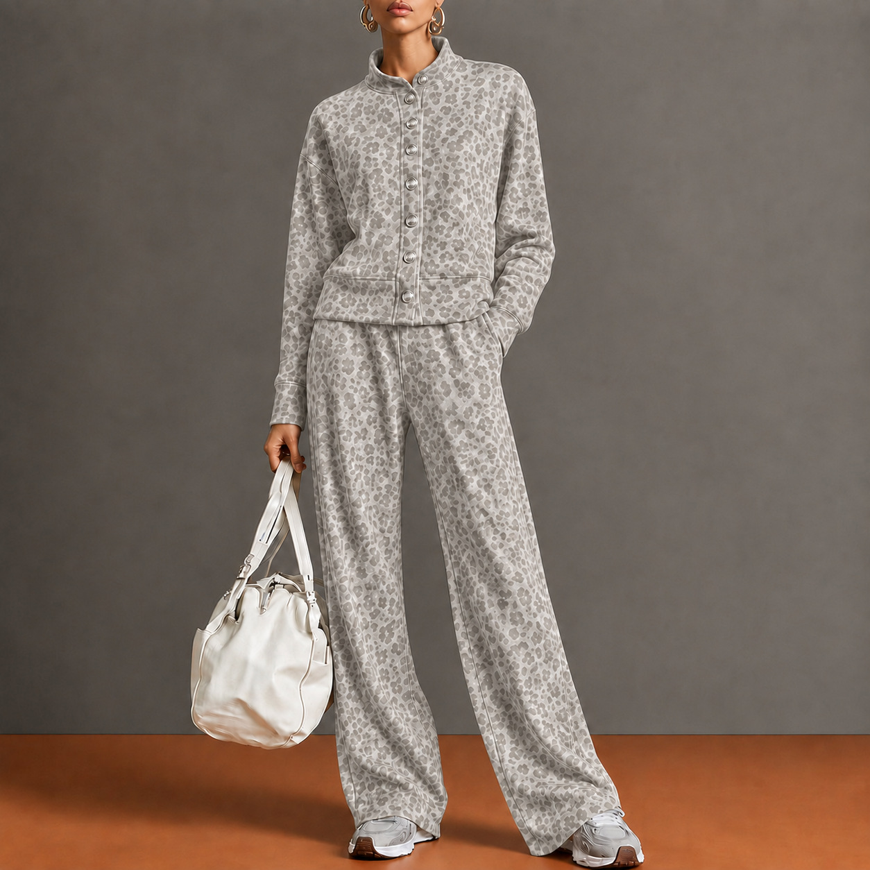 2026 Fall/Winter European and American Cross-Border Women's Vintage Leopard Print Stand Collar Single-Breasted Jacket Wide-Leg Pants Casual Set for Women