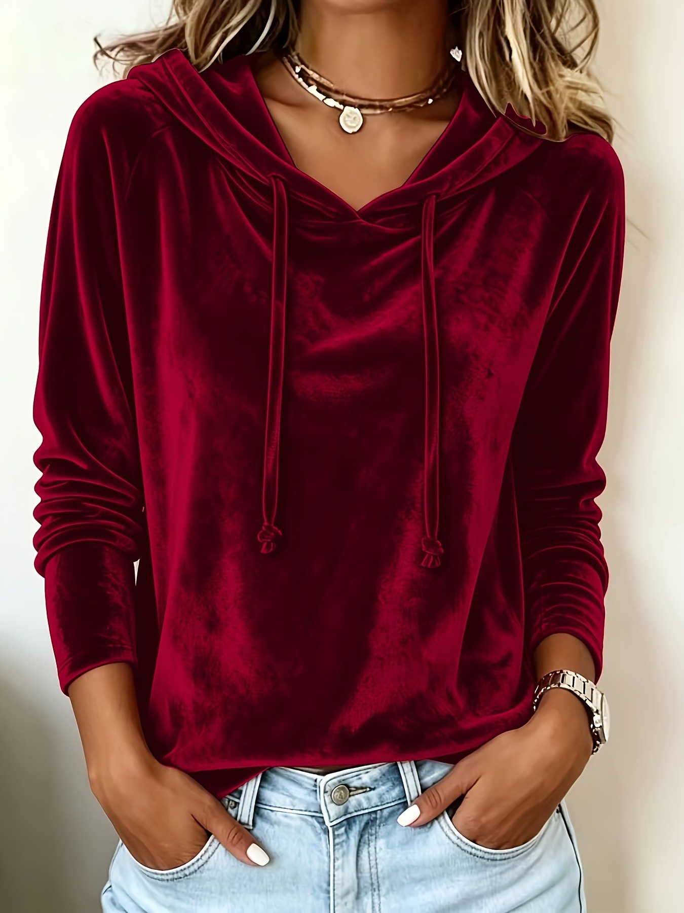 Women's Solid Velvet Pullover Top with Hood