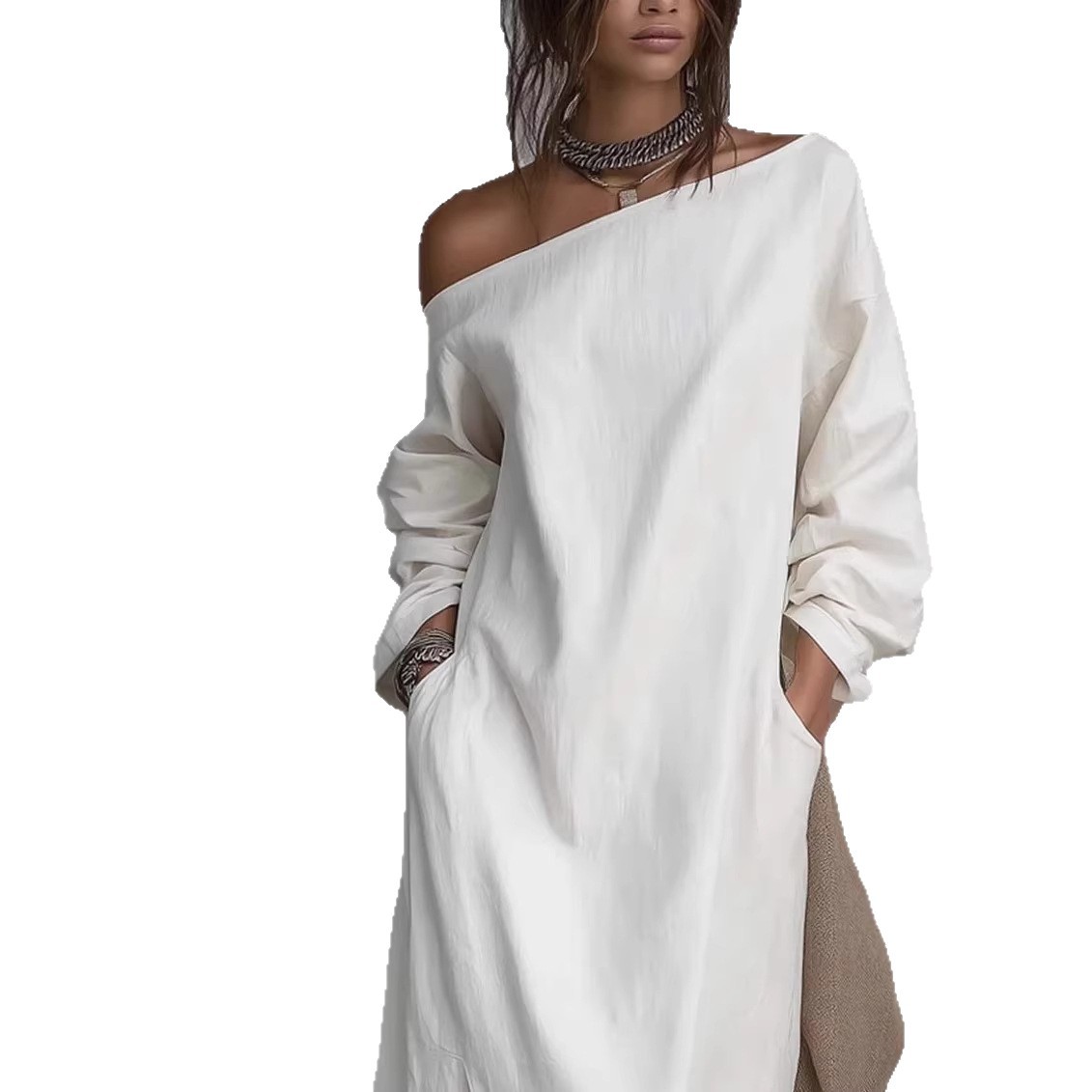 Women's One-Shoulder Slit Straight Loose Long Dress