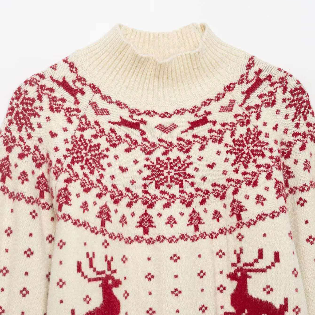 Red Reindeer Snowflake Jacquard Mock Neck Knit Sweater