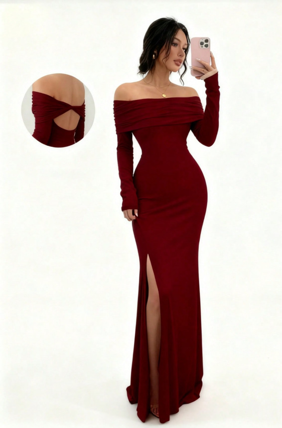 Long Sleeve Off-Shoulder Slit Bodycon Midi Dress
