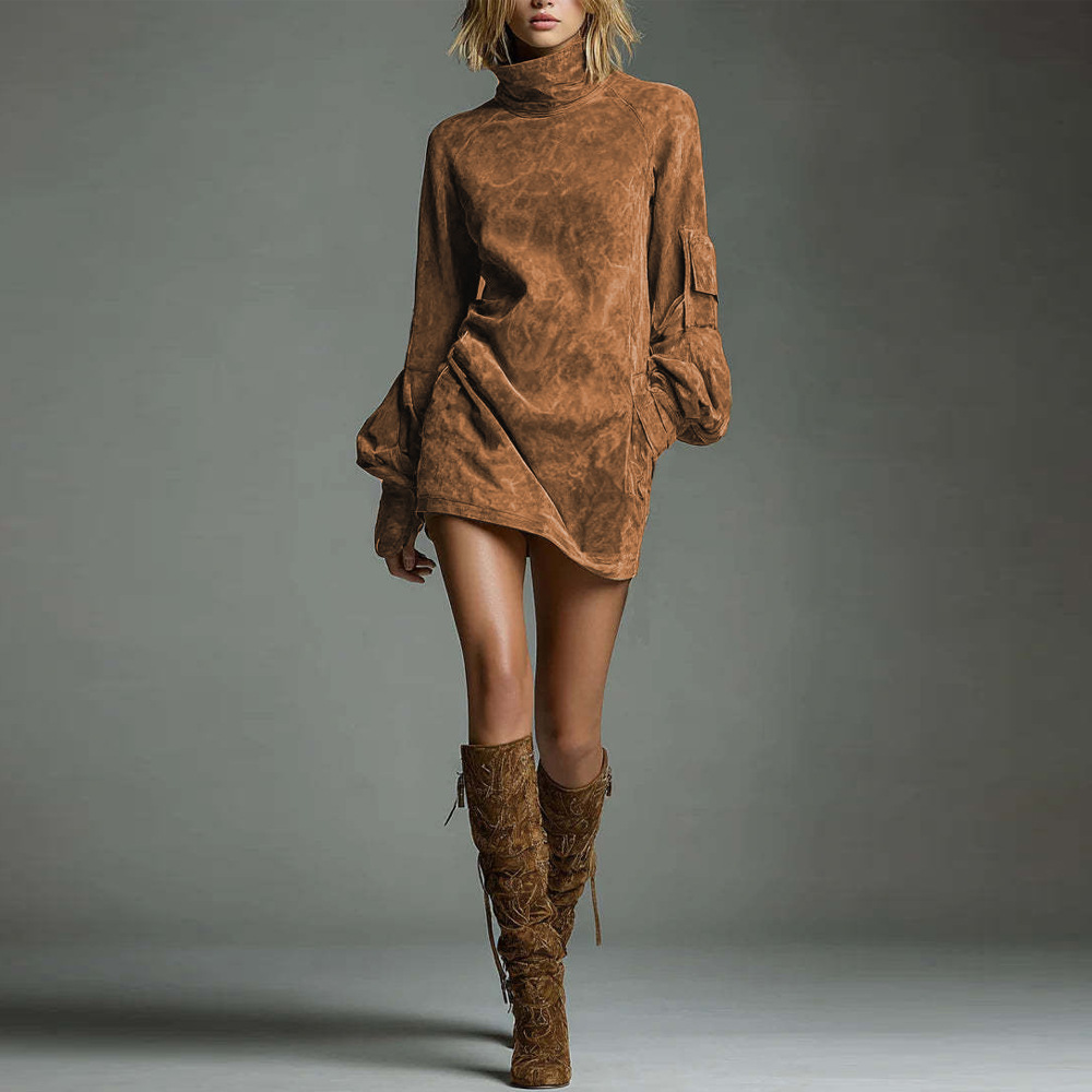Faux Suede High Neck Long Sleeve Dress