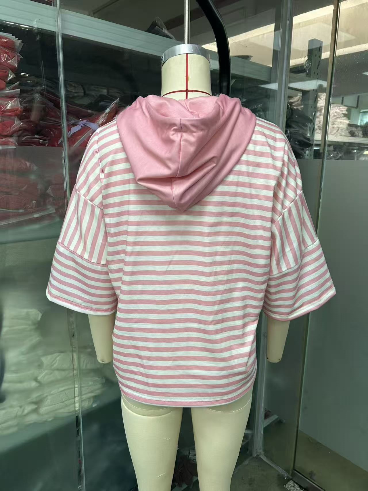 Women's Loose Striped Hooded 3/4 Sleeve Pullover Hoodie