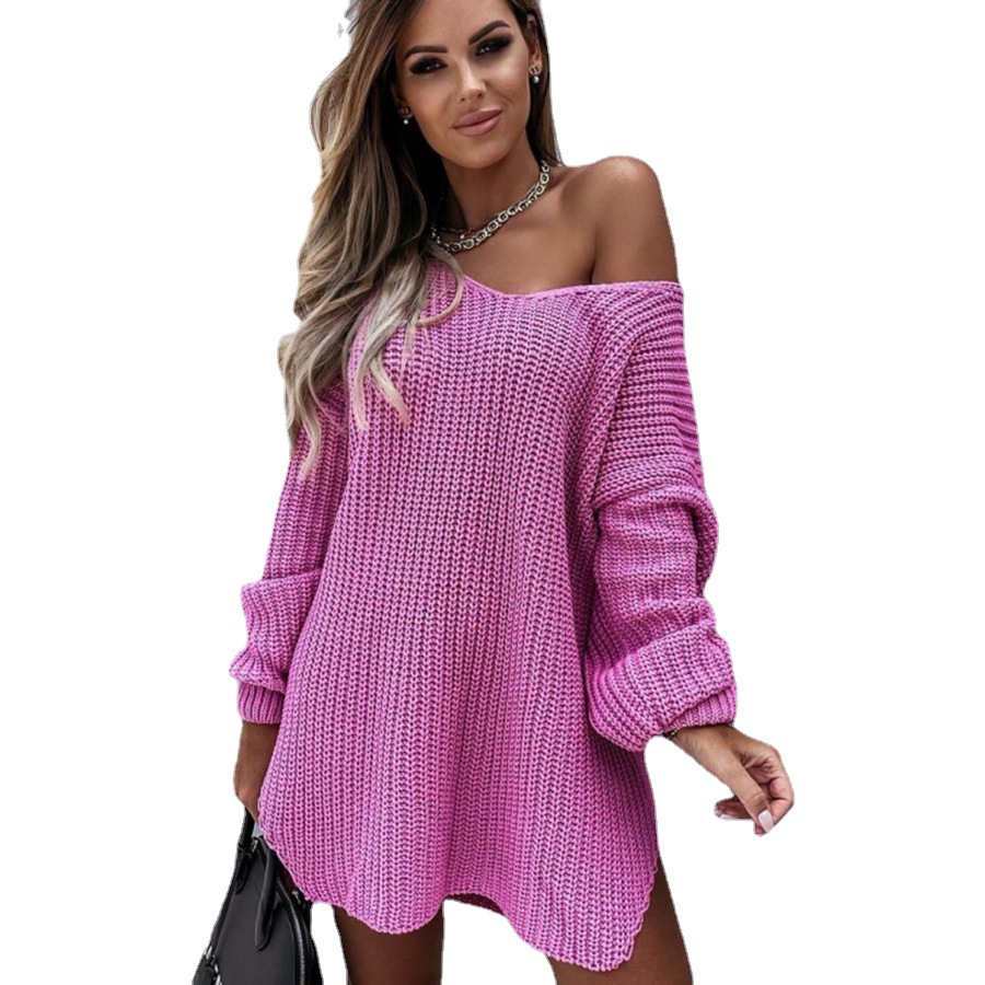 Women's Solid V-Neck Pullover Knit Sweater Loose Fit Split Hem