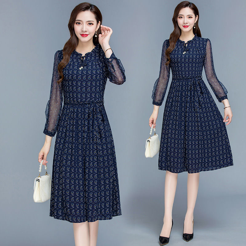 Floral Print A-Line Midi Dress with Mesh Splicing and Waist Tie