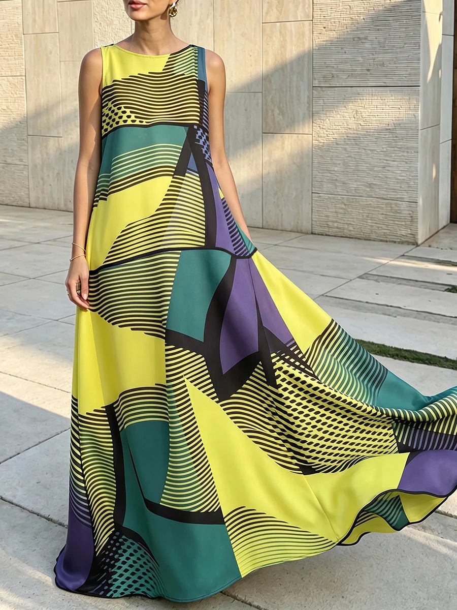 Colorblock Geometric Striped Print Sleeveless Maxi Dress