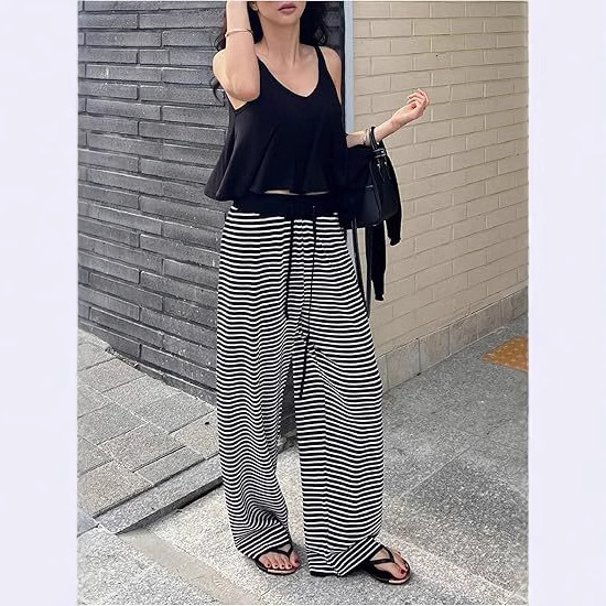 Black and White Striped High-Waist Straight-Leg Knit Wide-Leg Pants