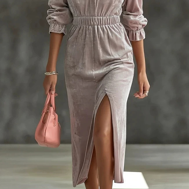 Ruffled Stand Collar Velvet Dress with Elastic Waist and Slit