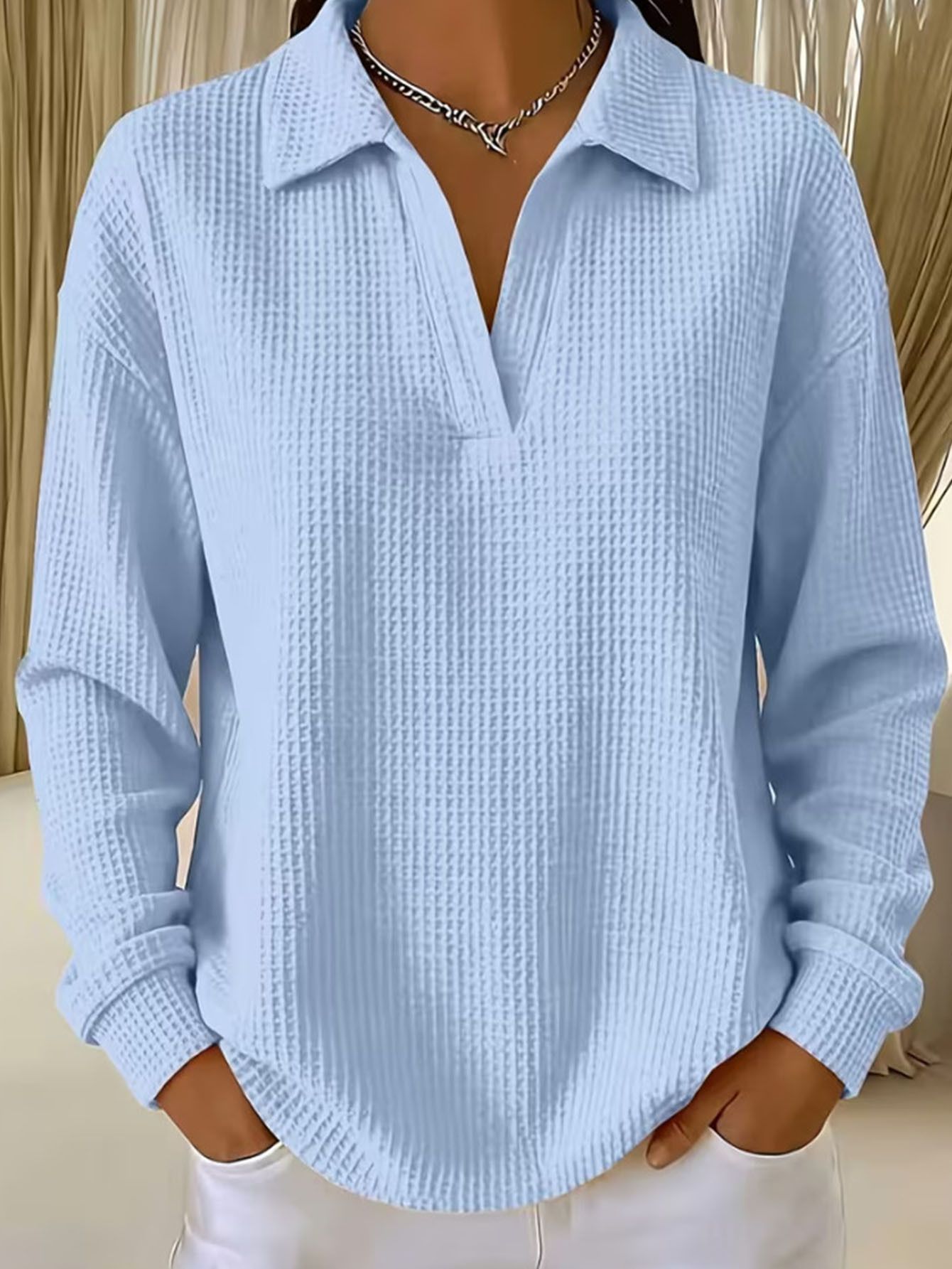 Waffle Knit V-Neck Pullover Top with Collar and Drop Shoulders