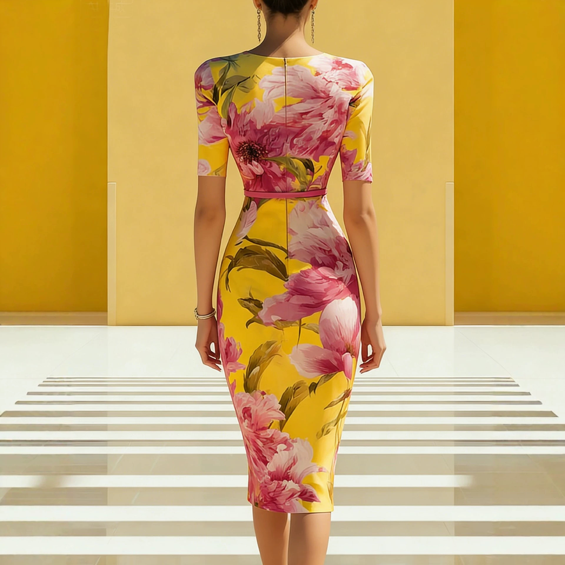 Women's Floral Print Short Sleeve Round Neck Ruched Slim Midi Dress
