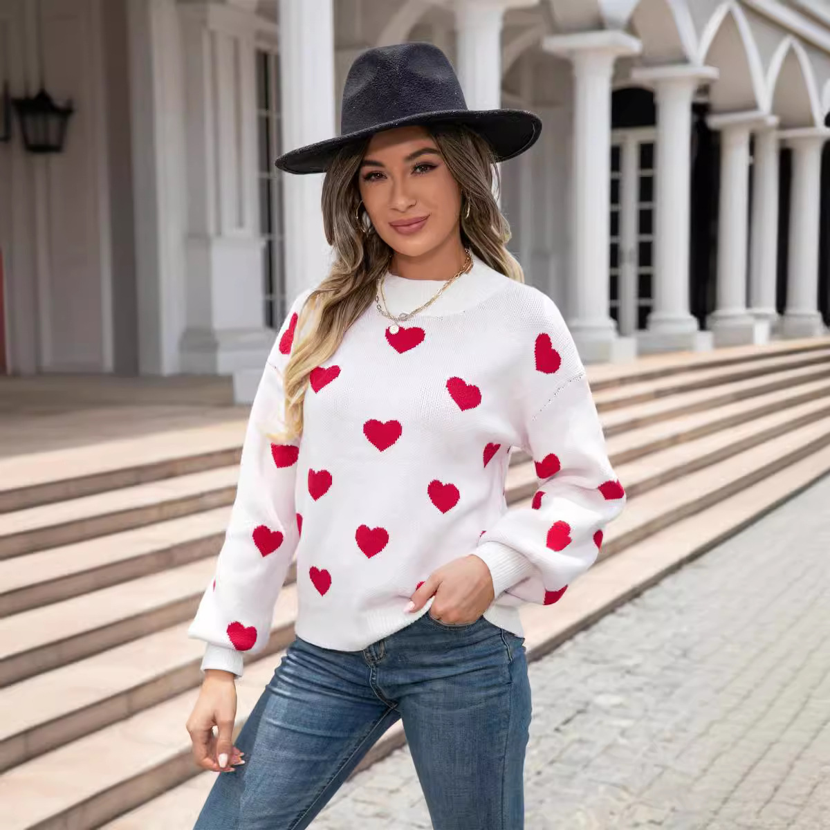 Women's Heart Knit Sweater Crew Neck Long Sleeve Pullover