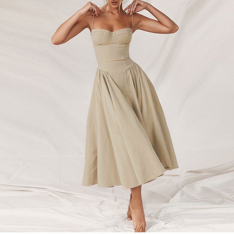 Women's Strapless Bodycon Midi Dress Sleeveless High Waist Solid Color