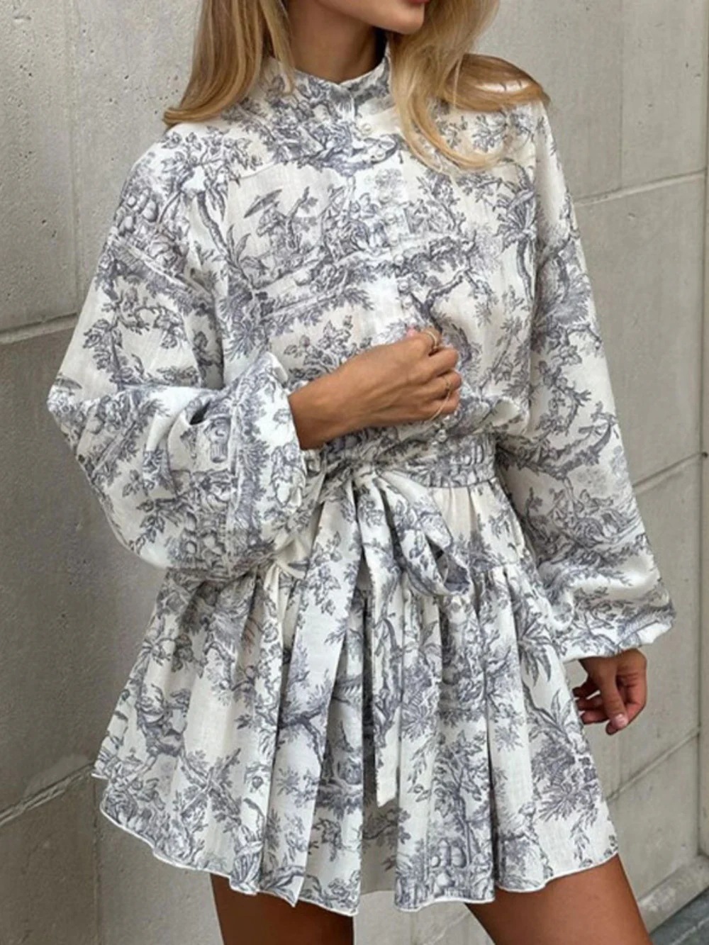 Elegant Long Sleeve Tie-Front Chinese-Inspired Print Dress