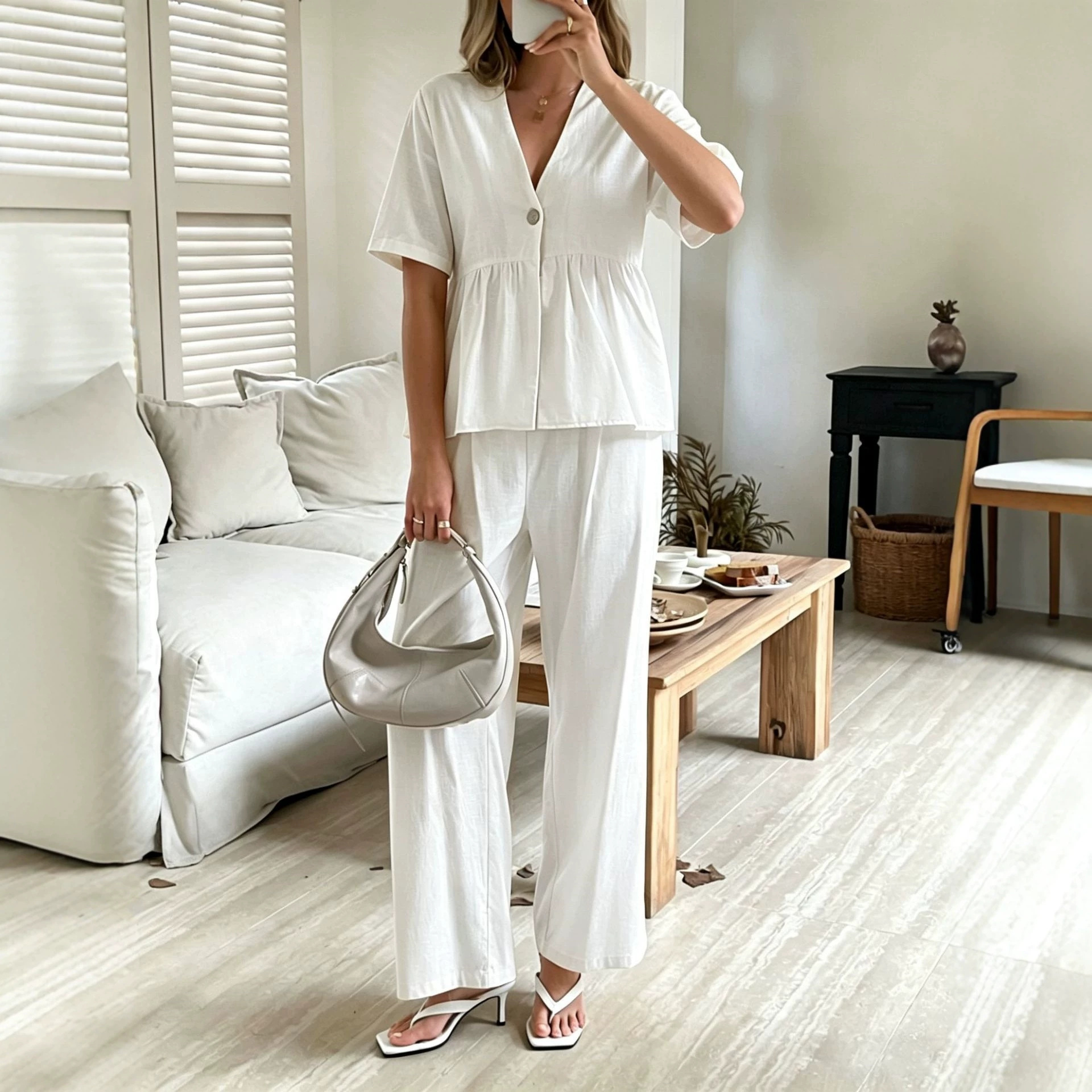 Elegant V-Neck Loose Short-Sleeve Top and Wide-Leg Pants Two-Piece Set