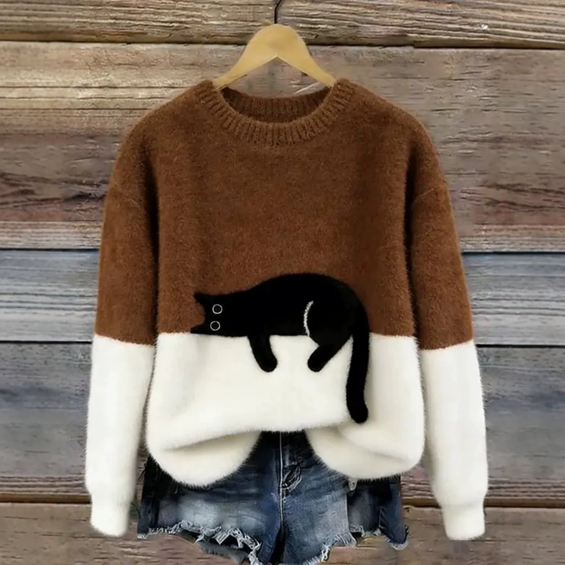 Sleeping Cat Print Crewneck Long Sleeve Pullover Sweatshirt