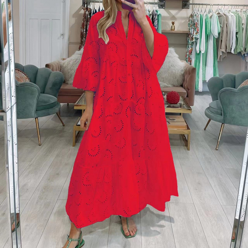 Women's French V-Neck Bell Sleeve Lace Hollow Out Long Dress