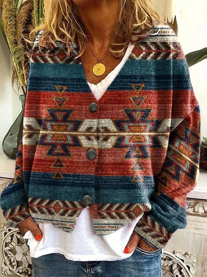 Abstract Print Open-Front Cardigan Sweater