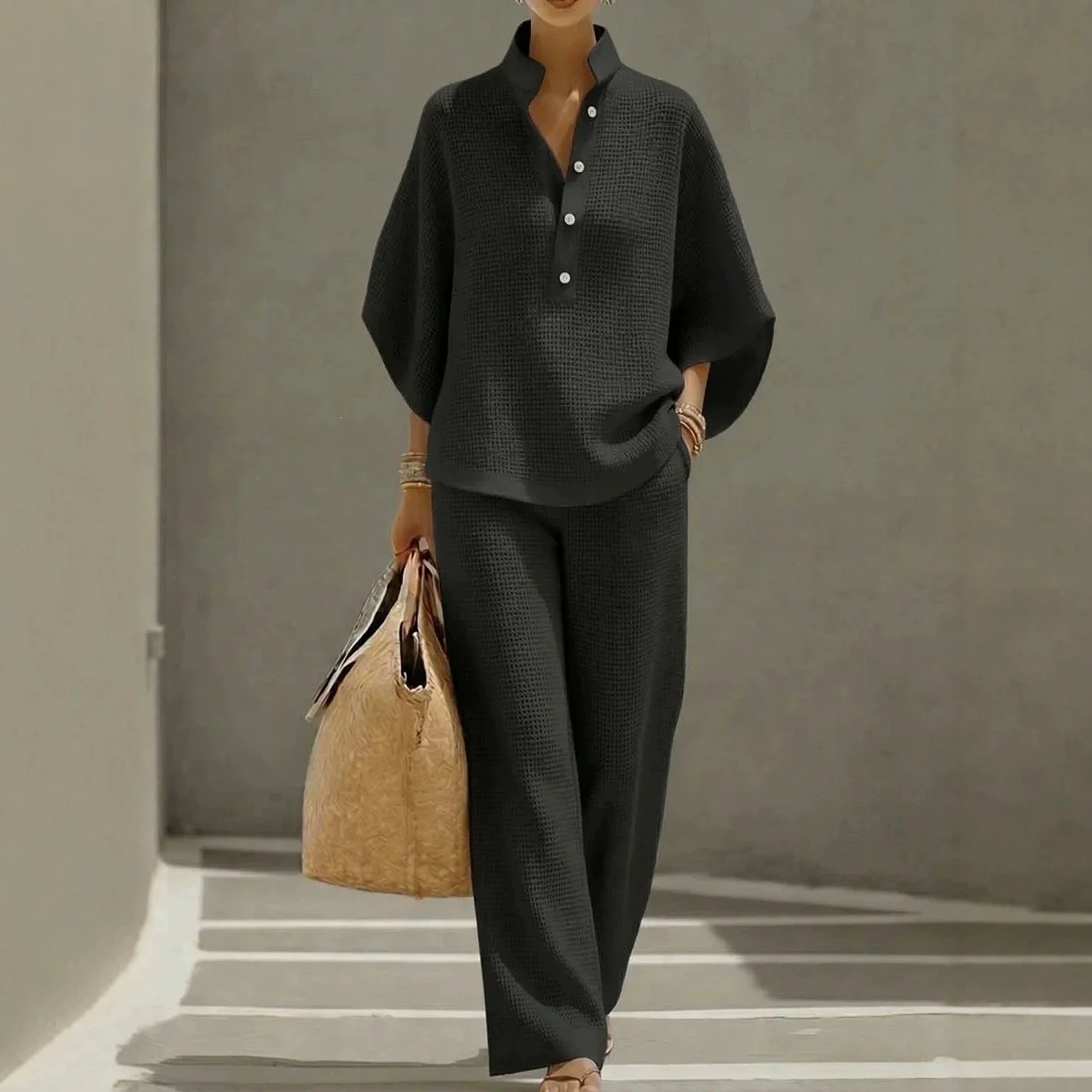 Women's Casual Waffle Knit Button Shirt & Wide-Leg Pants Set