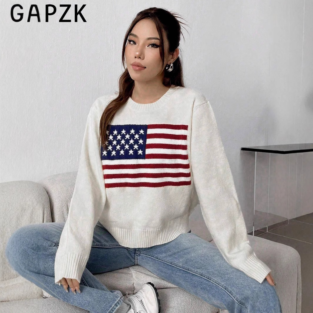 American Flag Crewneck Pullover Knit Sweater