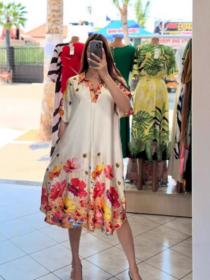 Floral Print Collared Short Sleeve Pocket Dress