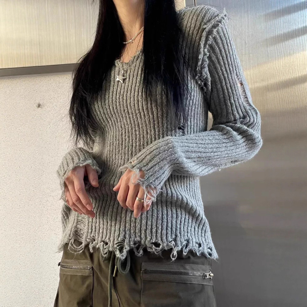 V-Neck Hand-Distressed Long-Sleeve Slim Knit Top