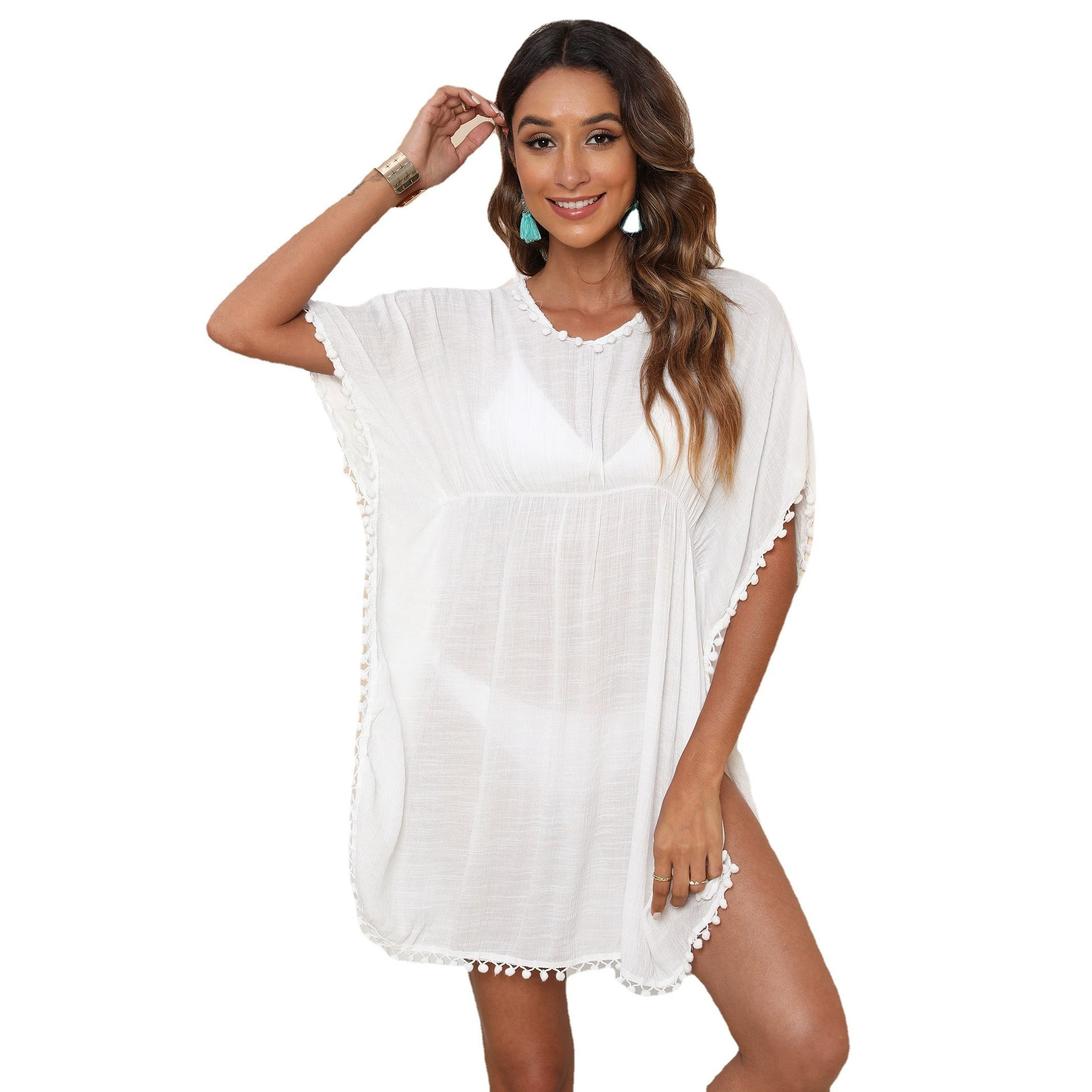 Beach Cover-Up Dress with Pom-Pom Lace Trim, Asymmetric V-Neck, Loose Fit